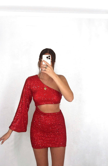 Asymmetric glitter dress